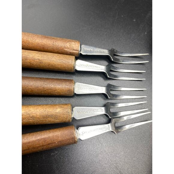 MCM Wood Handled Salad set, cheese Slicer/Server,5 cocktail‎ Forks Japan/Taiwan - Picture 9 of 10